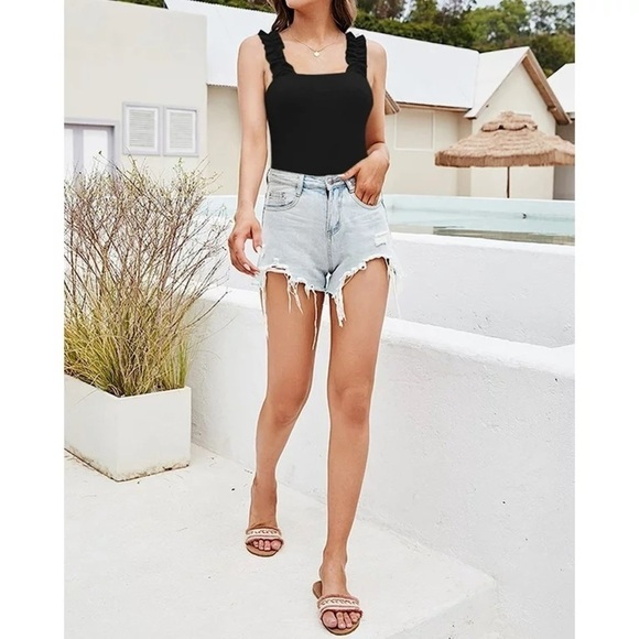 NWT MangoPop Square Neck Ruffle Strap Stretchy Tank Top Bodysuit - Picture 4 of 11